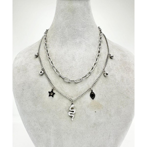 Gümüş İkili Yılan Detaylı Kolye